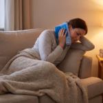 Woman resting on a beige sofa with a blue towel around her neck, covered by a thick blanket, in a cozy living room at night