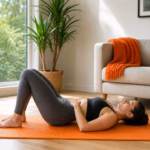 Woman lying on her back on an orange yoga mat, hips lifted in a bridge pose in a bright living room with a couch and potted plant nearby.