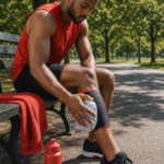 Athlete in a red sleeveless shirt sits on a park bench, applying an ice pack to his knee with a red towel and water bottle nearby
