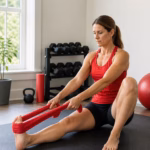 Woman in a red tank top sits on an exercise mat, using a red resistance band to stretch her leg in a bright home gym.