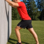 Man in a red shirt and black shorts doing a wall push-up against a concrete barrier in a grassy park on a sunny day