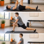 Man lying on a mat, using an orange resistance strap to stretch his hamstring on the raised leg in a bright studio.