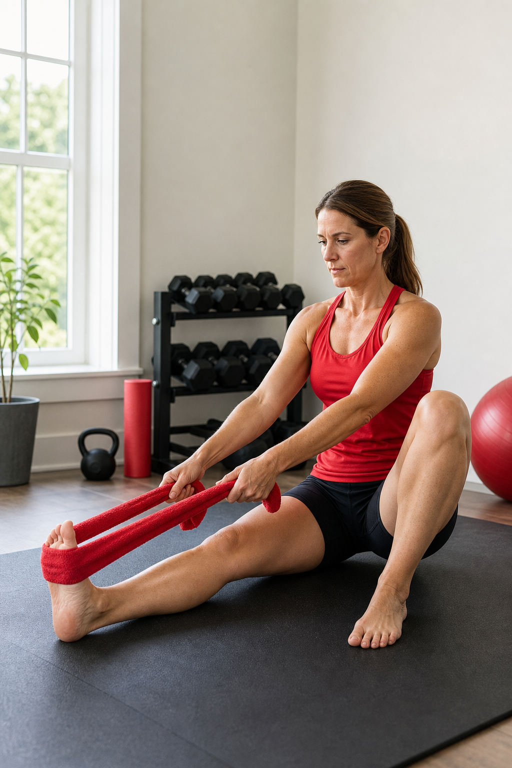 A realistic photo of a person performing a seated heel‑slide stretch in a bright home gym, showing clear knee alignment