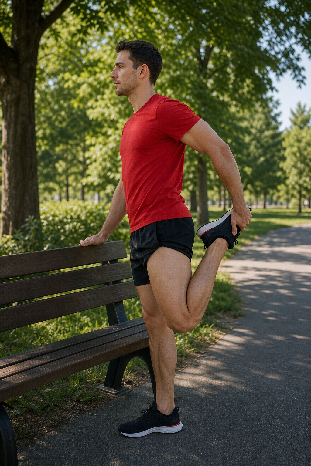 A realistic image of a person performing a standing quadriceps stretch outdoors on a park bench, showing proper posture